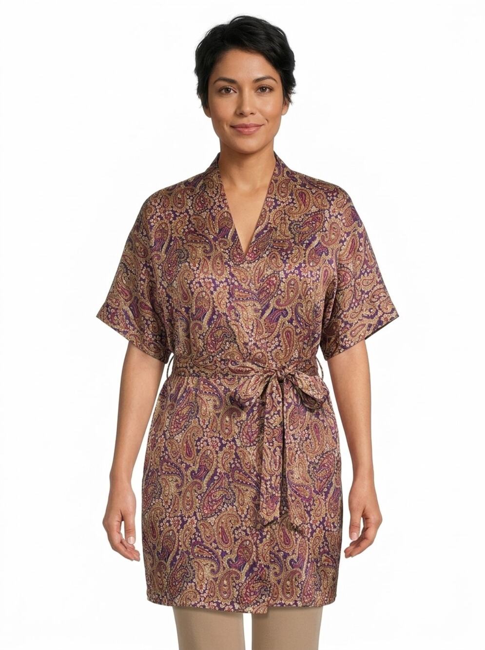 Silx by August Silk 100% Silk Purple Paisley Satin Robe Women Size M